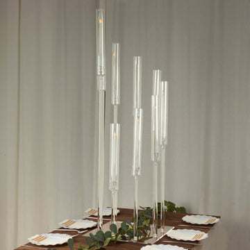 9 Arm Clear Acrylic Cluster Taper Candle Holder Candelabra, Pillar Candle Stick Stand With Square Base - 4ft Tall