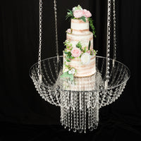Acrylic Hanging Crystal Chandelier Cake Stand, Drape Suspended Wedding Cake Swing With 5ft Steel Wire String Bead Chains - 25" Round