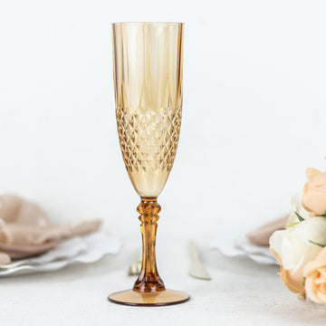 6 Pack Amber Gold Crystal Cut Reusable Plastic Champagne Glasses, Shatterproof Wedding Toast Flute Glasses 8oz