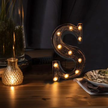 Antique Black Industrial Style LED Marquee Letter "S", Vintage Style Light Up Alphabet Letter Sign - 9"