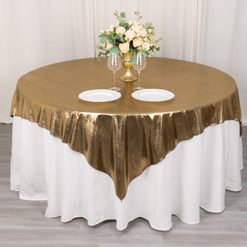 Antique Gold Shimmer Sequin Dots Square Polyester Table Overlay, Wrinkle Free Sparkle Glitter Table Topper 72"x72"