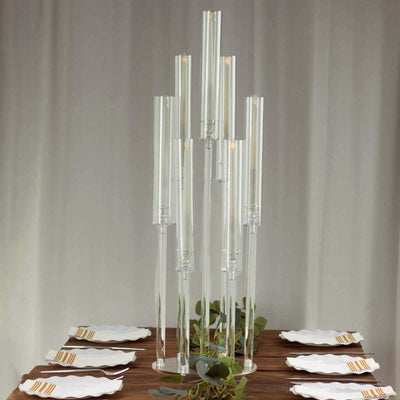 Elegant glass candle holder centerpiece for dining table decor.