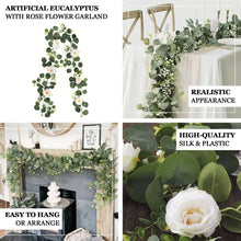 Artificial Eucalyptus Leaf Table Garland With 7 White Rose Flower Heads, Floral Greenery Hanging Vin