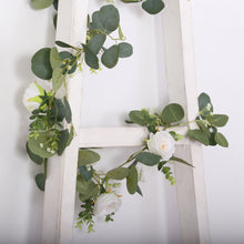 Artificial Eucalyptus Leaf Table Garland With 7 White Rose Flower Heads, Floral Greenery Hanging Vin