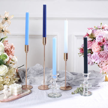 Elevate Your Event Decor with Assorted Blue Premium Unscented Ribbed Wick Taper Candles