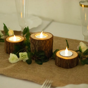 Set of 3 Assorted Farmhouse Wood Slice Votive Candle Holders, Rustic Tree Branch Wedding Table Décor 2.75", 1.5", 1.25"