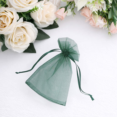 Green organza gift bag with drawstring closure on a white background.