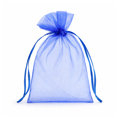 Blue organza gift bag with drawstring closure on white background #whtbkgd 