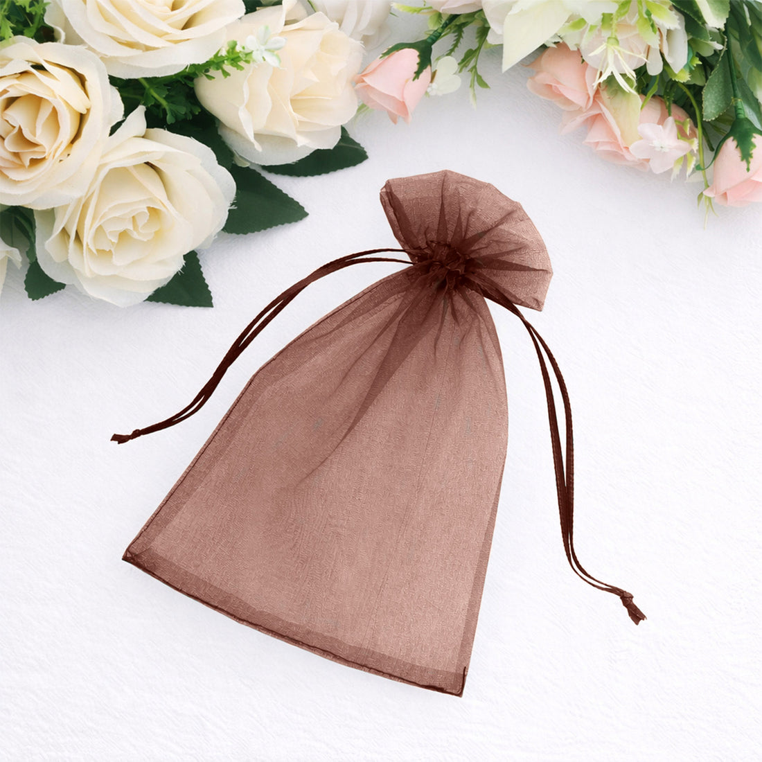 Brown organza gift bag with drawstring closure