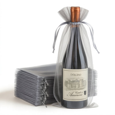 Dolcino wine bottle gift bags in grey organza, set of multiple bags.