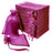 Stack of purple organza gift bags with various sizes and drawstring closures