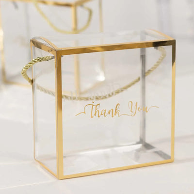 Clear gift box with gold accents and "Thank You" lettering.