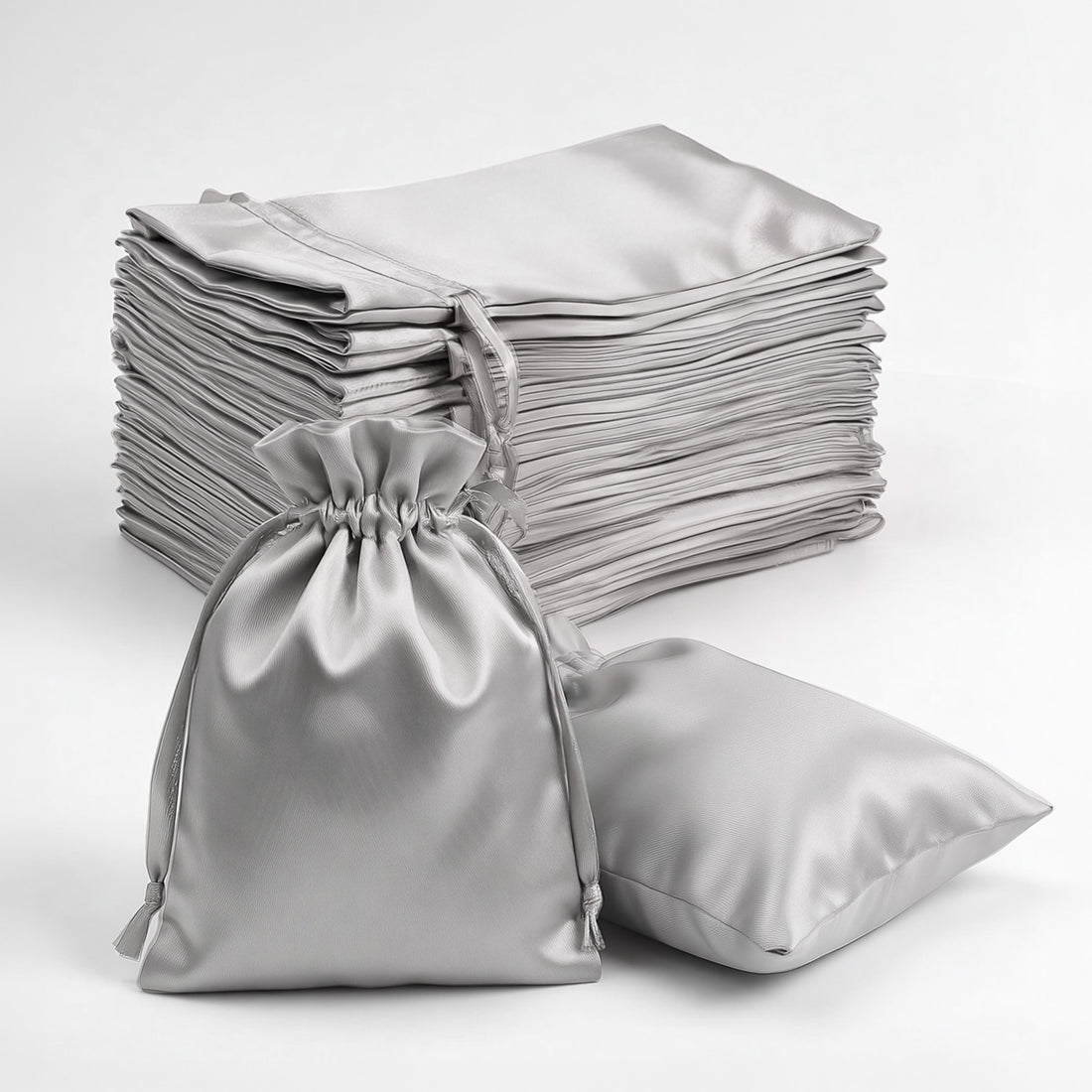 Stack of silver satin drawstring bags on a plain background.