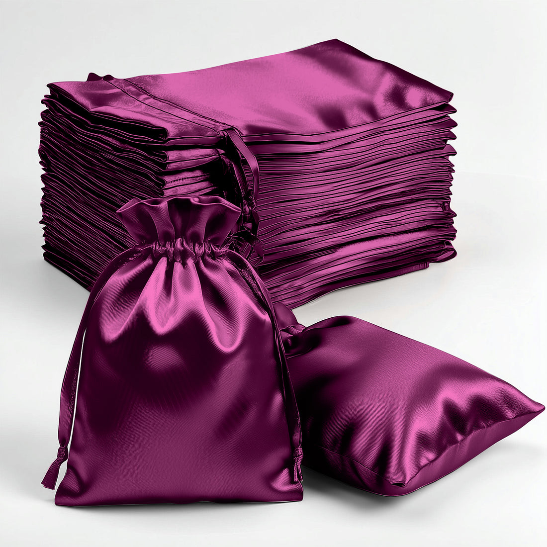 Purple satin drawstring bags and pillows arranged on a white background.