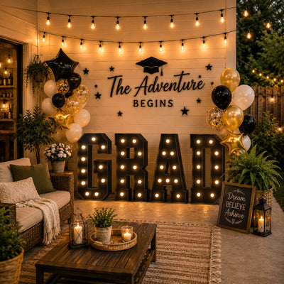 Graduation party decor with lights, balloons, and “The Adventure Begins” backdrop