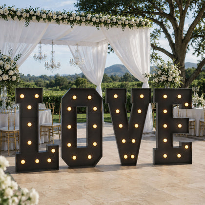 4ft Giant LED Marquee Letters Set "LOVE", Black Pre-Cut Foam Board with Warm White Battery Operated LEDs, Glue Gun and Sticks