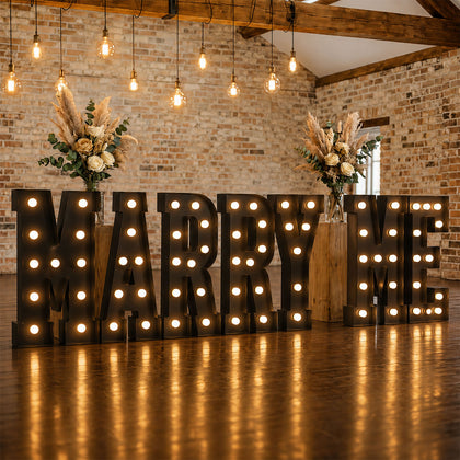 4ft Giant LED Marquee Letters Set "MARRY ME" Black Pre-Cut Foam Board with Warm White Battery Operated LEDs, Glue Gun and Sticks