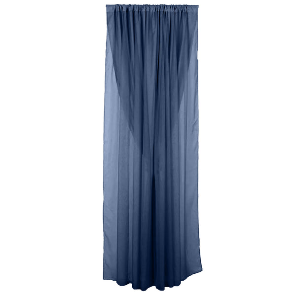 Navy blue sheer curtain with gathered top for stylish window décor.