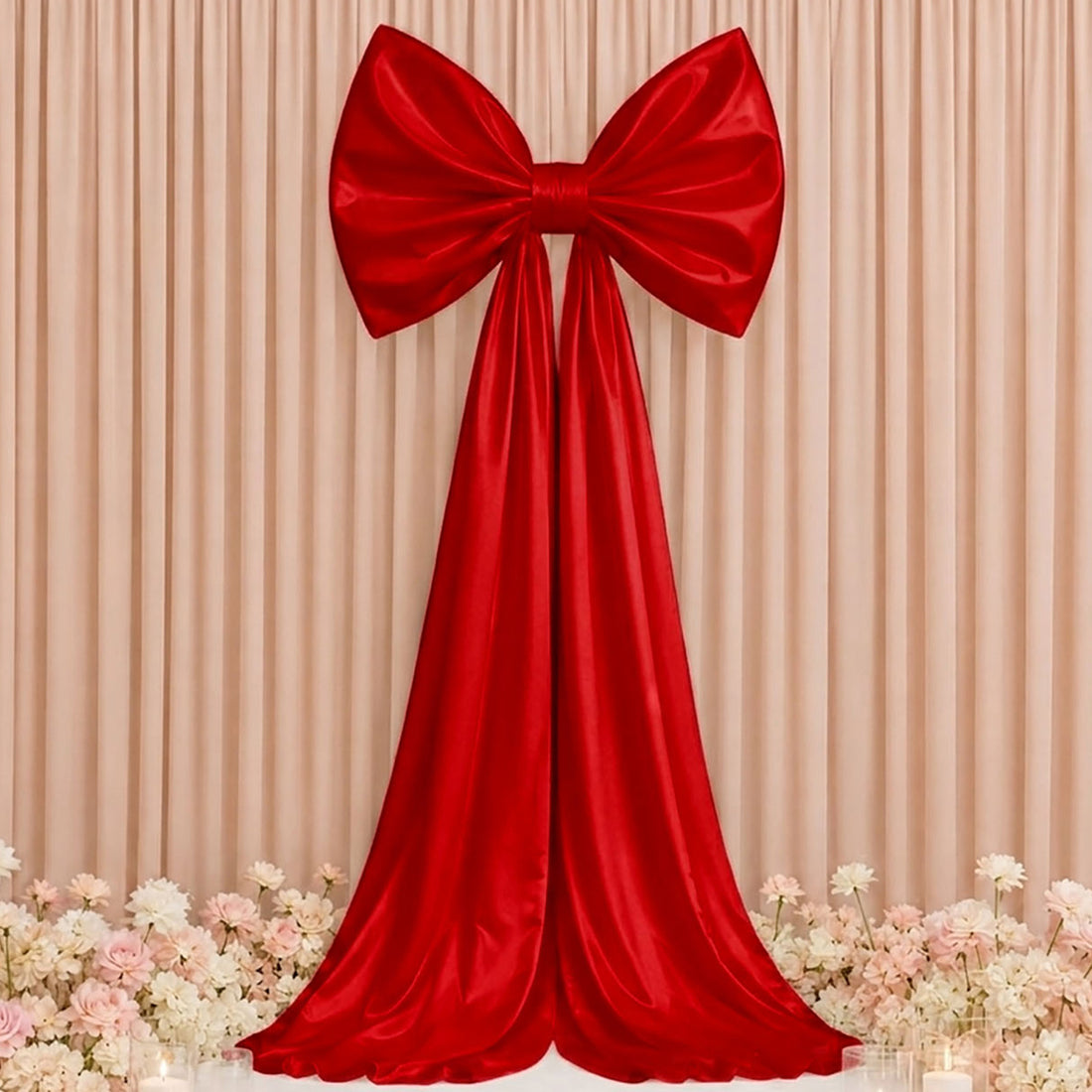 Red satin bow drape backdrop with cream curtain and floral floor decor