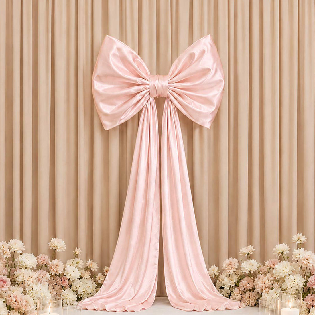 Pink satin bow backdrop with flowing drapes and flowers for elegant event decor