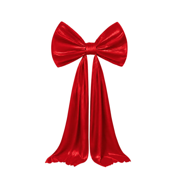 Red satin bow with long ribbon tails on a white background#whtbkgd