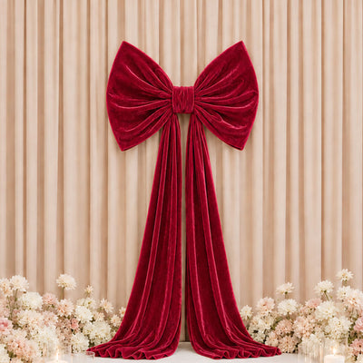 7ft Giant Burgundy Velvet Bow Tie Décor for Weddings, Galas & Events - Oversized Decorative Backdrop Bow with Long Draping Tails