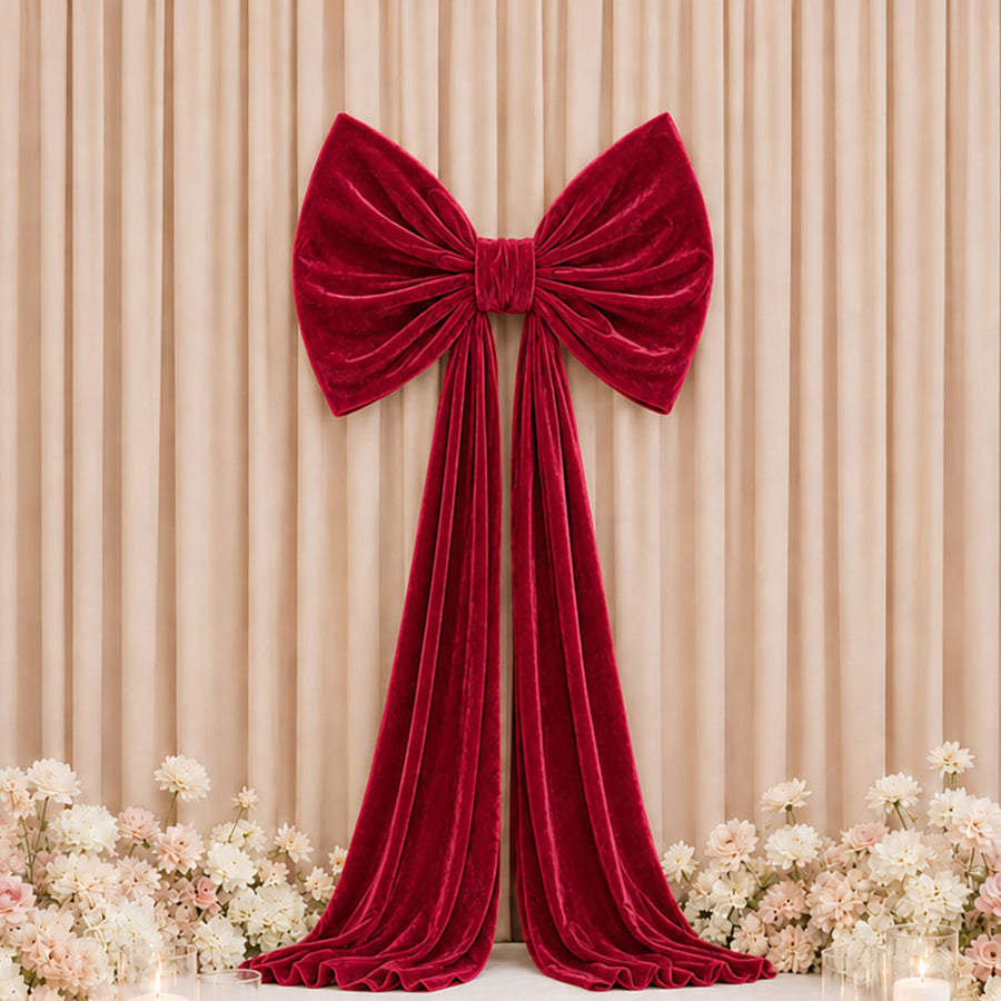7ft Giant Burgundy Velvet Bow Tie Décor for Weddings, Galas & Events - Oversized Decorative Backdrop Bow with Long Draping Tails