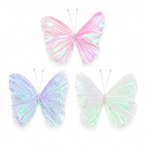 Pastel iridescent butterflies on white background, pink, lavender and mint set