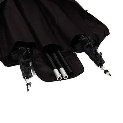 Black umbrella with multiple support rods and clamps for photography setups.