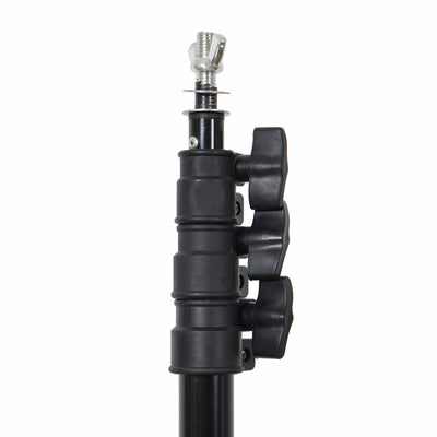 Black adjustable tripod with clamps and mounting screw.