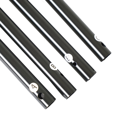Black metal poles with numbered labels A, B, C, and 4 for easy identification.