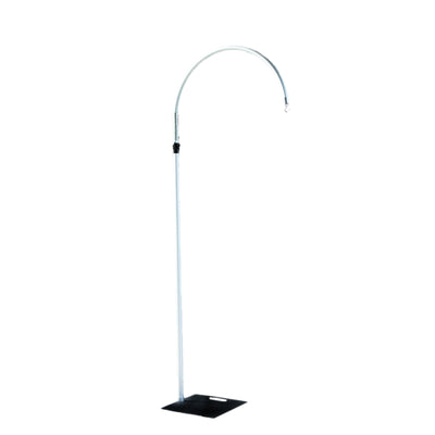 Metal hanging display stand with curved arm for showcasing products.