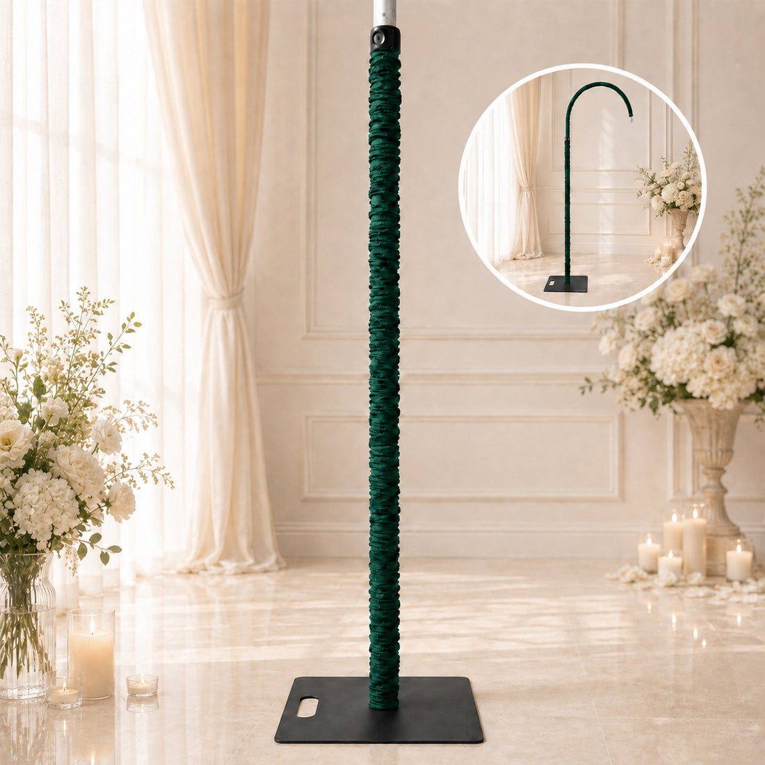 Adjustable green wedding photo booth stand with weighted base in elegant floral room