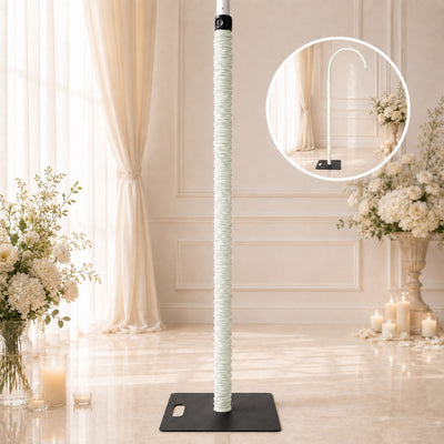 Adjustable white floral arch stand with weighted base for wedding decor