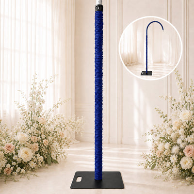 Blue adjustable umbrella stand pole with square weighted base for event decor