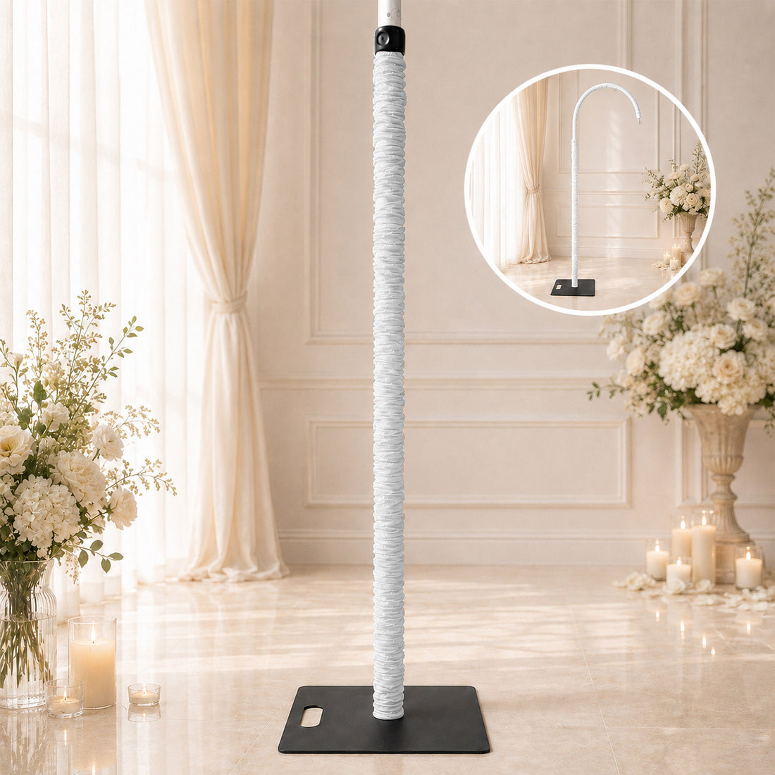 White adjustable microphone stand on black base in elegant wedding venue