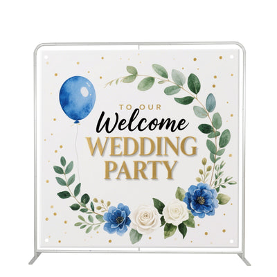 Welcome wedding party sign with floral design and balloon