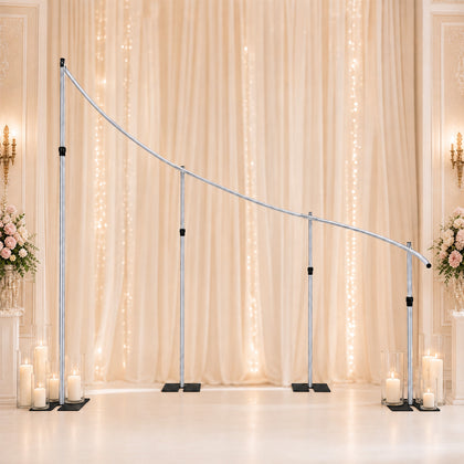 Curved Wave Wedding Arch Stand 11ft x 8ft, Heavy Duty Silver Aluminum Alloy Backdrop Frame with 4 Adjustable Height Support Poles & Steel Bases