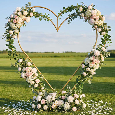 Heart-shaped floral wedding arch with blush roses and greenery outdoors