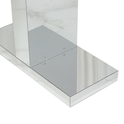 Modern mirrored fireplace base with white marble-look finish and silver trim