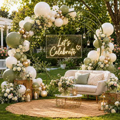 Elegant outdoor party setup with balloon arch, flowers, and “Let’s Celebrate” sign