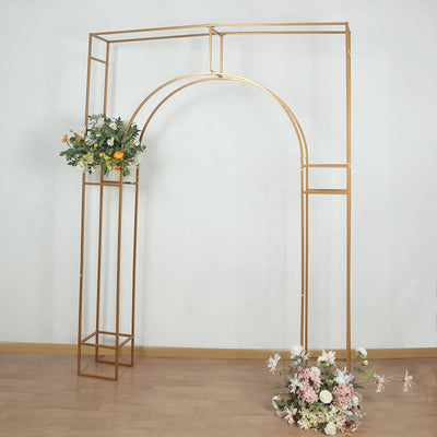 Gold metal wedding arch with floral arrangements, ideal for ceremonies and events.