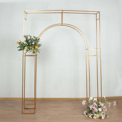 Gold metal arch with floral arrangements for events or weddings.