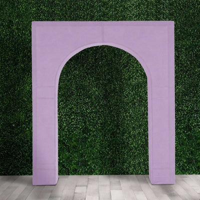 Lavender arch backdrop with greenery wall and wood floor backdrop