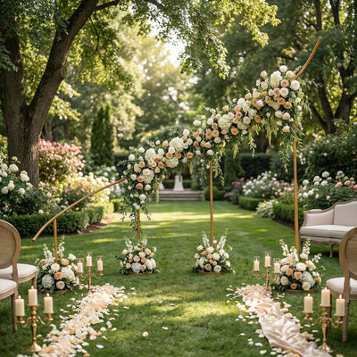 Elegant floral wedding arch with candles and rose arrangements in a lush garden setting.