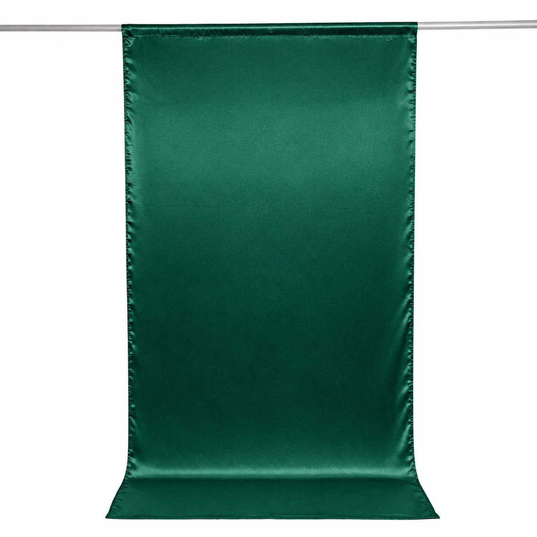 Green satin backdrop banner hanging on a rod, isolated on white background