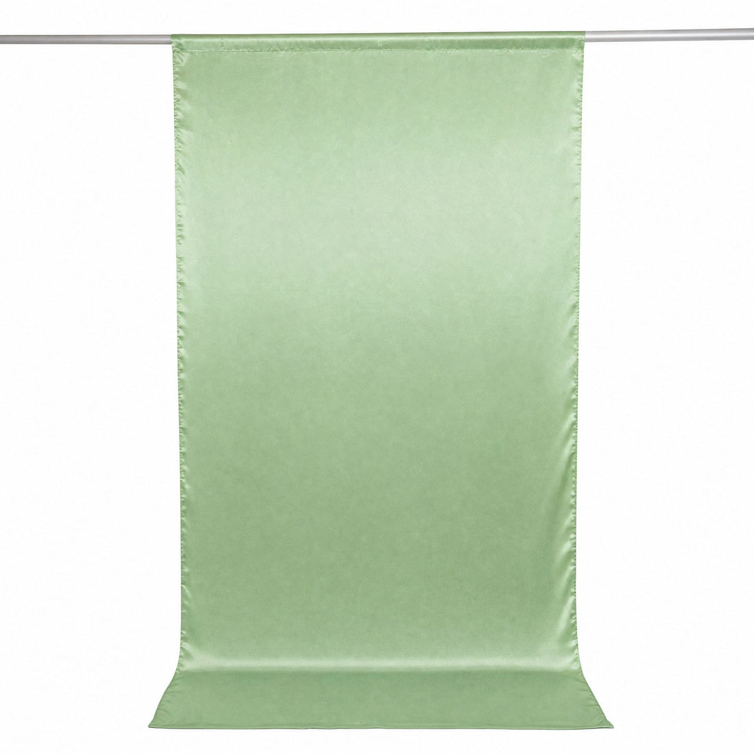 Light green satin draped fabric panel hanging on a rod