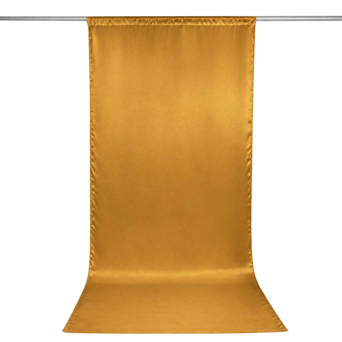 Gold satin photography backdrop curtain on rod, white background