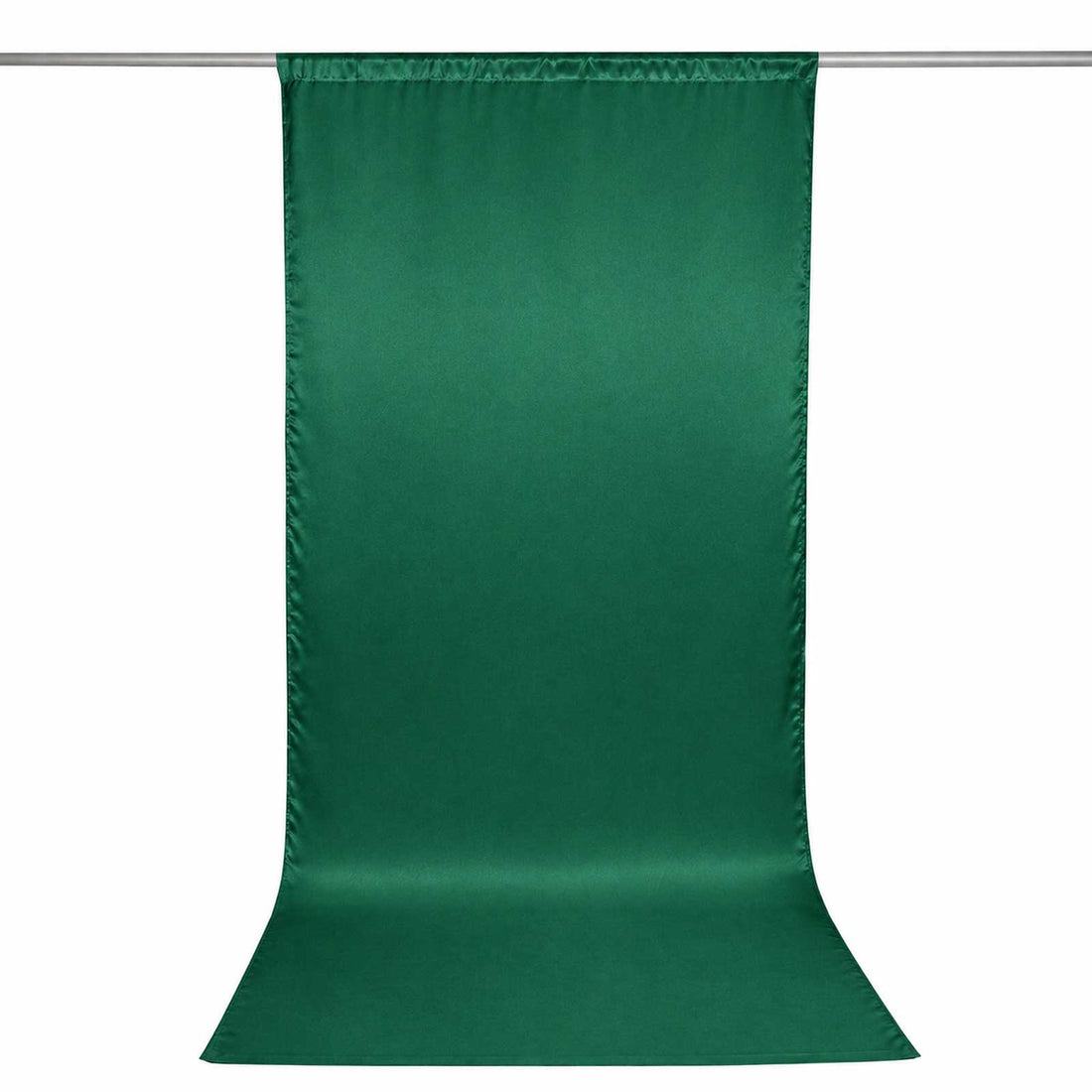 Green satin photography backdrop curtain on a rod, isolated on white background