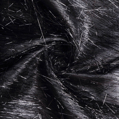 Black sheer fabric with metallic thread texture, swirling design.